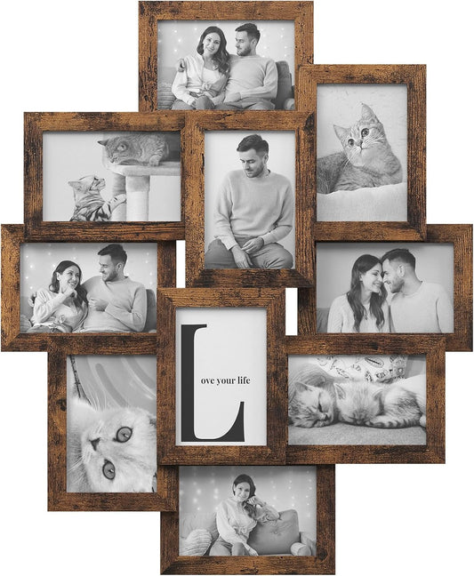 SONGMICS 10 Collage Picture Frames for 4 x 6 Photos, Clear PS Plastic | Multi Frames, Wall Decor, Rustic Brown, KAVI Collection RPF020X01