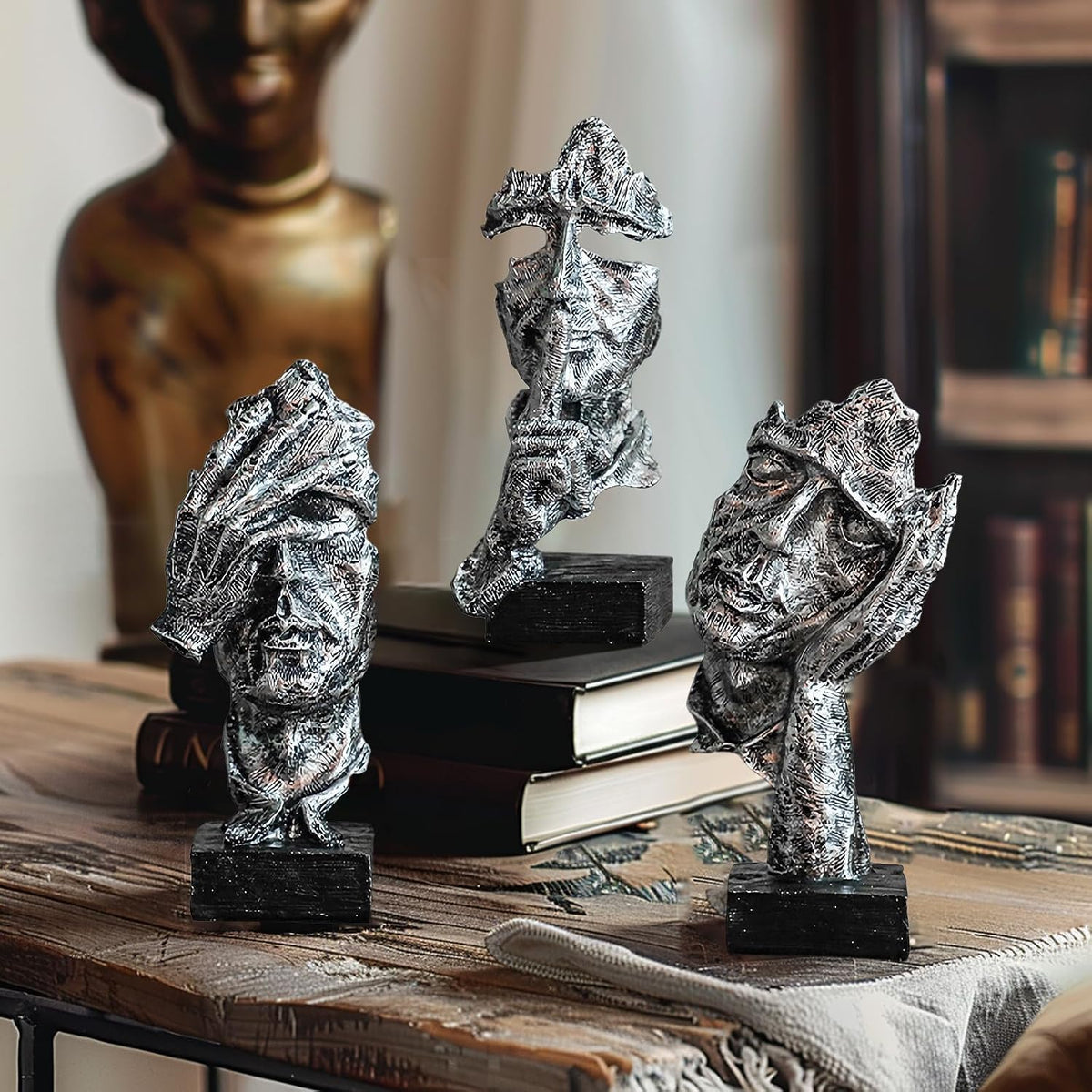 3 Pcs Thinker Statue, Silent Abstract Art Figurine, Modern Home Resin Decor for Desk/Bookshelf, No Hear No See No Speak Knick Knacks