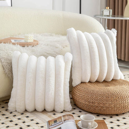 Neelvin Cream White Faux Fur Cozy Soft Striped Decorative Throw Pillow Covers 16x16 inch（40x40cm） Set of 2,Velvet Pillowcase Cushion Case for Sofa Couch
