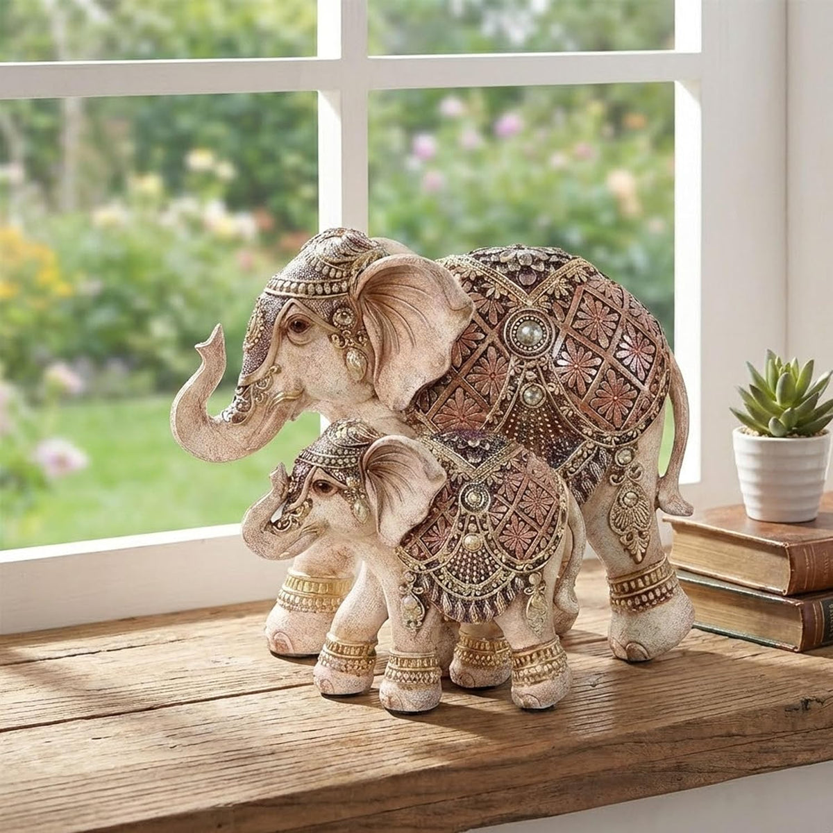 Smadeer Mum and Baby Elephant Ornament, Lucky Elephant Statue with Raised Trunks, Decorative Resin Figurine for Home, Lounge & Shelf Decor, Gift for Mum & Grandma, 15cm Height
