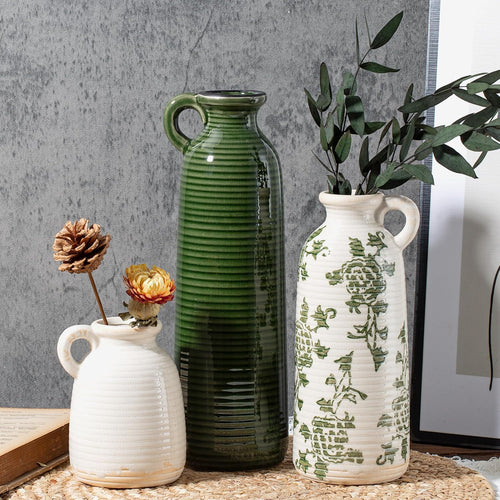 Ceramic Vase Set of 3 with Handles, Green White Neutral Rustic Modern Farmhouse Boho Decor, Versatile as Table Centrepiece or Mantel & Shelf Accent - Unique Home Gift Idea