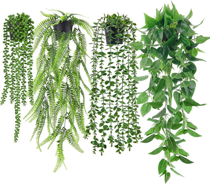 Der Rose Fake Plants 4 Pack Artificial Hanging Plants for Room Wall Decor | Durable Plastic with Bendable Stems UV-resistant No Watering Sunlight Pruning Needed Ideal for Indoor and Outdoor Decor