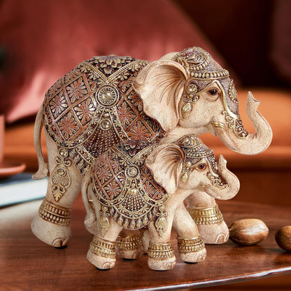 Smadeer Mum and Baby Elephant Ornament, Lucky Elephant Statue with Raised Trunks, Decorative Resin Figurine for Home, Lounge & Shelf Decor, Gift for Mum & Grandma, 15cm Height