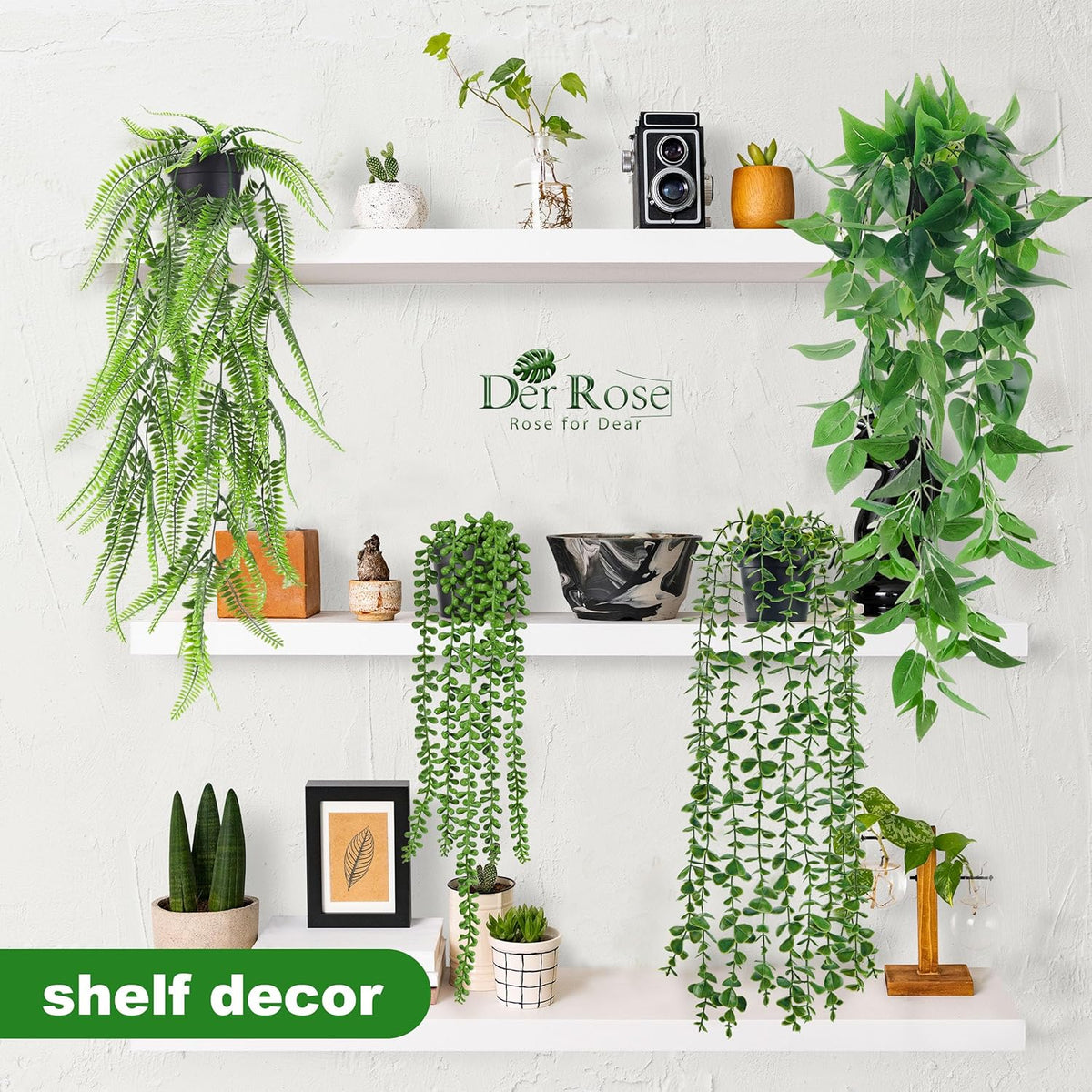 Der Rose Fake Plants 4 Pack Artificial Hanging Plants for Room Wall Decor | Durable Plastic with Bendable Stems UV-resistant No Watering Sunlight Pruning Needed Ideal for Indoor and Outdoor Decor