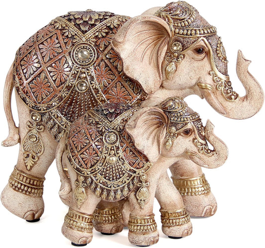 Smadeer Mum and Baby Elephant Ornament, Lucky Elephant Statue with Raised Trunks, Decorative Resin Figurine for Home, Lounge & Shelf Decor, Gift for Mum & Grandma, 15cm Height