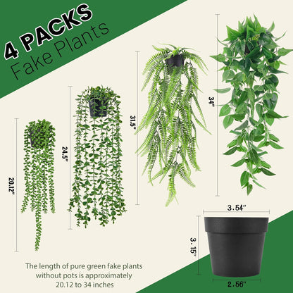 Der Rose Fake Plants 4 Pack Artificial Hanging Plants for Room Wall Decor | Durable Plastic with Bendable Stems UV-resistant No Watering Sunlight Pruning Needed Ideal for Indoor and Outdoor Decor