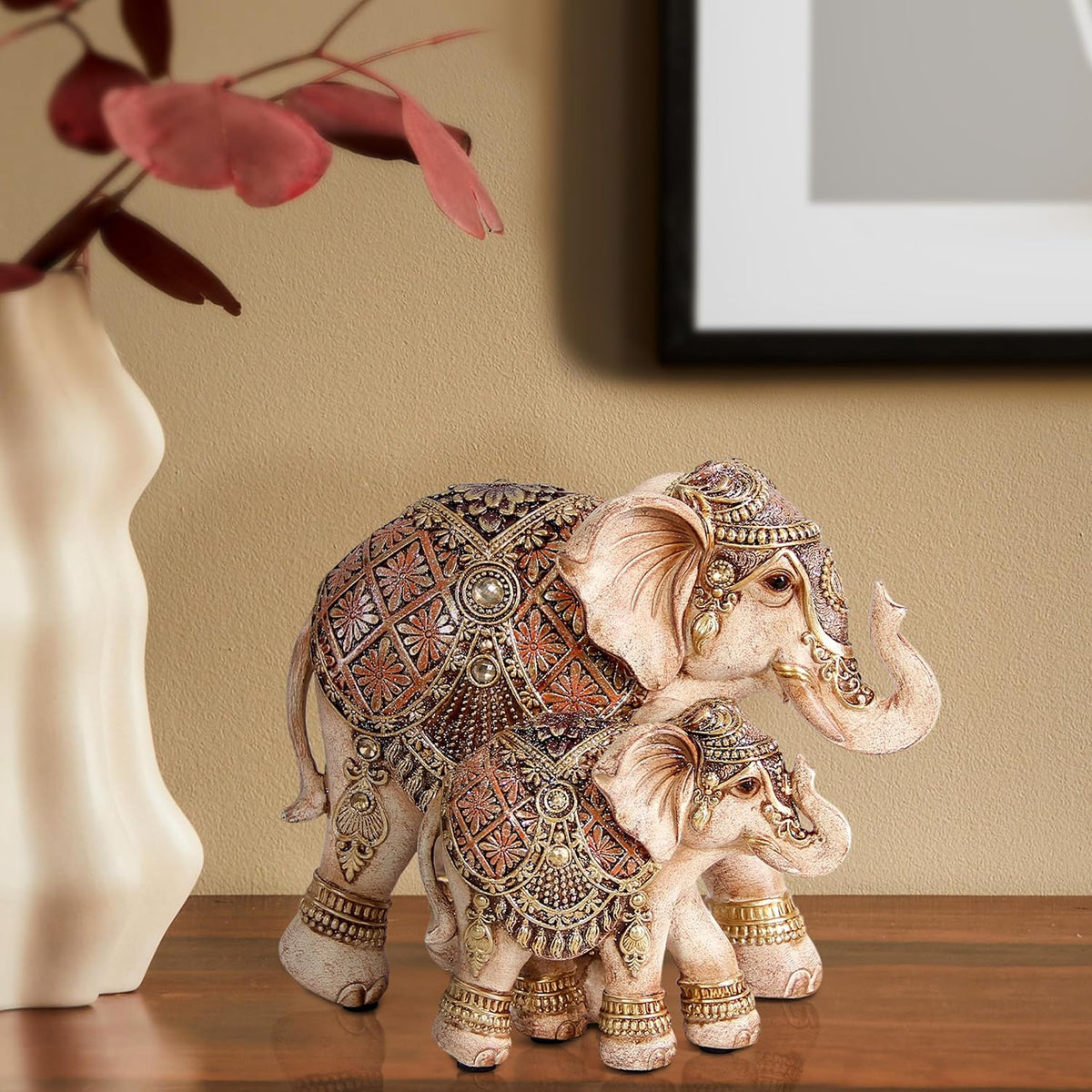 Smadeer Mum and Baby Elephant Ornament, Lucky Elephant Statue with Raised Trunks, Decorative Resin Figurine for Home, Lounge & Shelf Decor, Gift for Mum & Grandma, 15cm Height